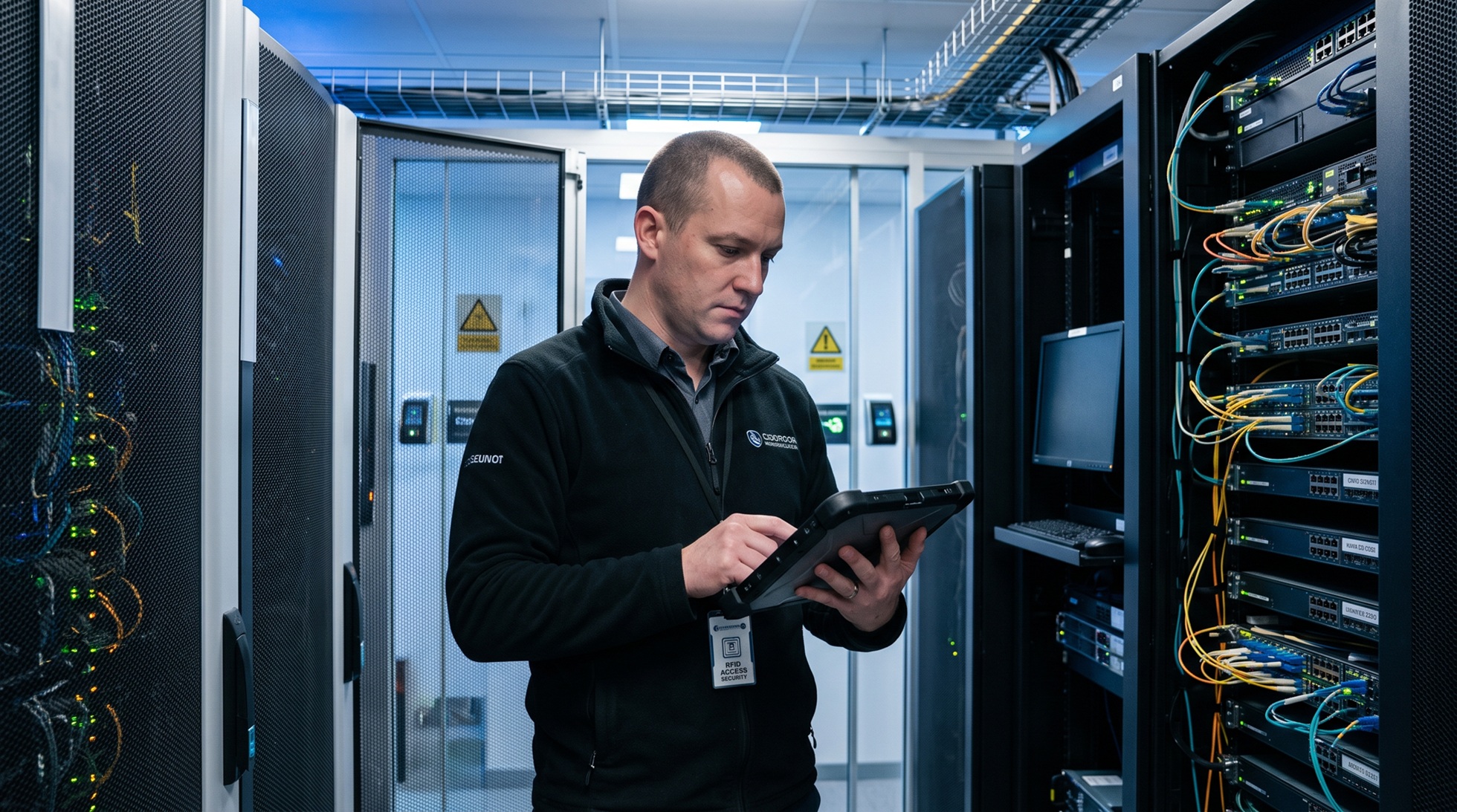 A cybersecurity professional analyzing network data on a tablet inside a secure server room to improve cybersecurity in Edmonton.